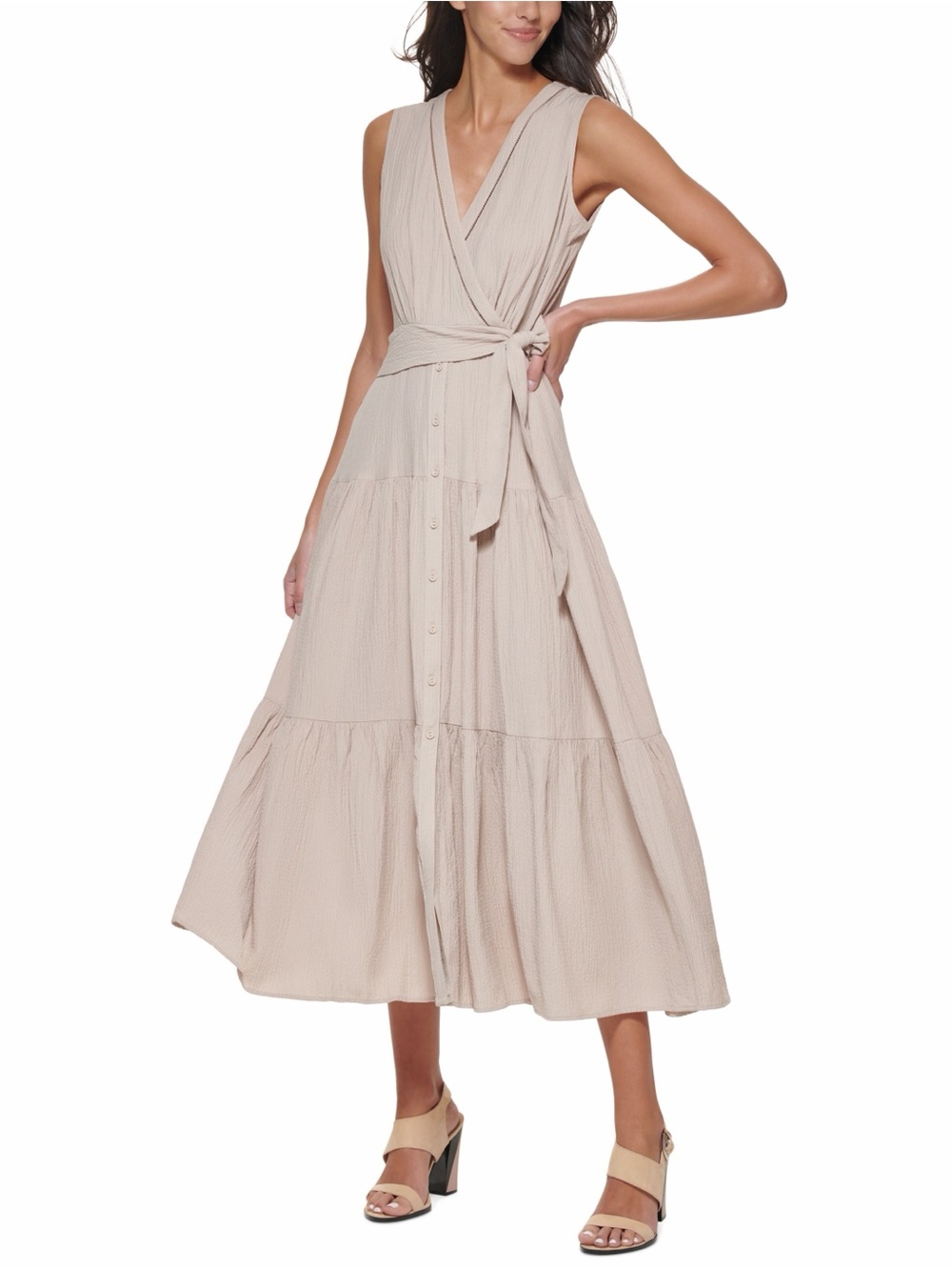 CALVIN KLEIN Women’s Tiered Surplice Maxi Dress in Khaki NWT Size 6
